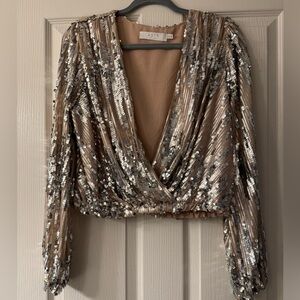 Astr the Label Primadonna Champagne and Silver Sequin Long Sleeve Top.